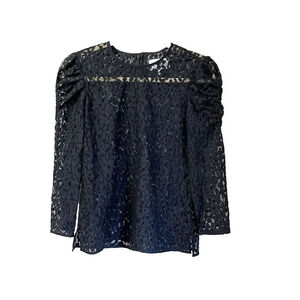 Current Elliott Womens Black Lace Blouse 0 Long Sleeve Back Zip Round Neck